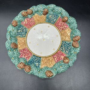 Fitz & Floyd 1995 Christmas Plate Hand Painted Holly Pinecones 9" Holiday